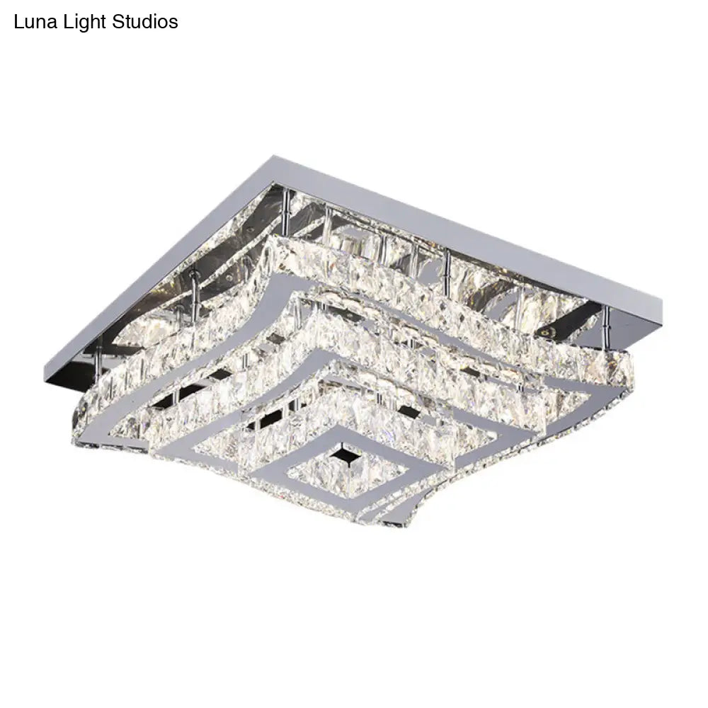 Modern Stainless Steel Crystal Led Semi-Flush Ceiling Light With Wavy Tiers