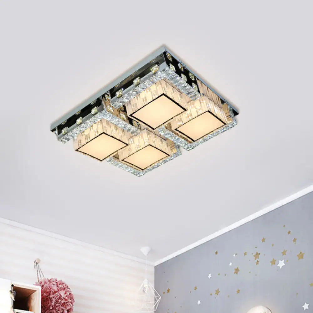 Modern Stainless-Steel Led Ceiling Light With Crystal Blocks - Rectangle/Square Shape White Cubic