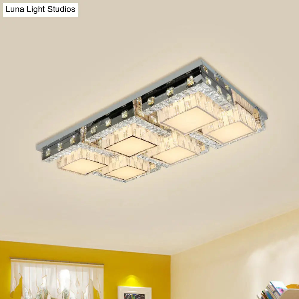 Modern Stainless-Steel Led Ceiling Light With Crystal Blocks - Rectangle/Square Shape White Cubic