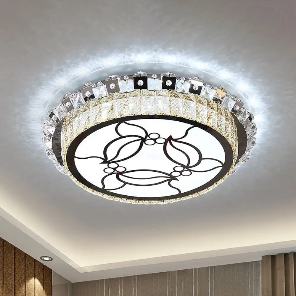 Modern Stainless Steel Led Flush Ceiling Lamp With Beveled Crystal Leaf Pattern Stainless-Steel