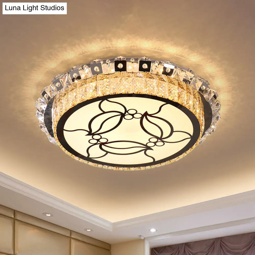Modern Stainless Steel Led Flush Ceiling Lamp With Beveled Crystal Leaf Pattern