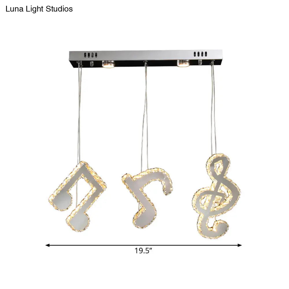 Modern Stainless Steel Led Pendant Light With Clear Crystals And Musical Note Suspension