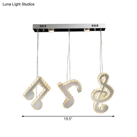 Modern Stainless Steel Led Pendant Light With Clear Crystals And Musical Note Suspension