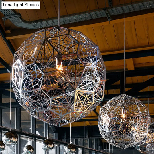 Modern Stainless Steel Rose Gold/Chrome Pendant Lighting: Stylish Hollowed Wire Sphere Design Chrome