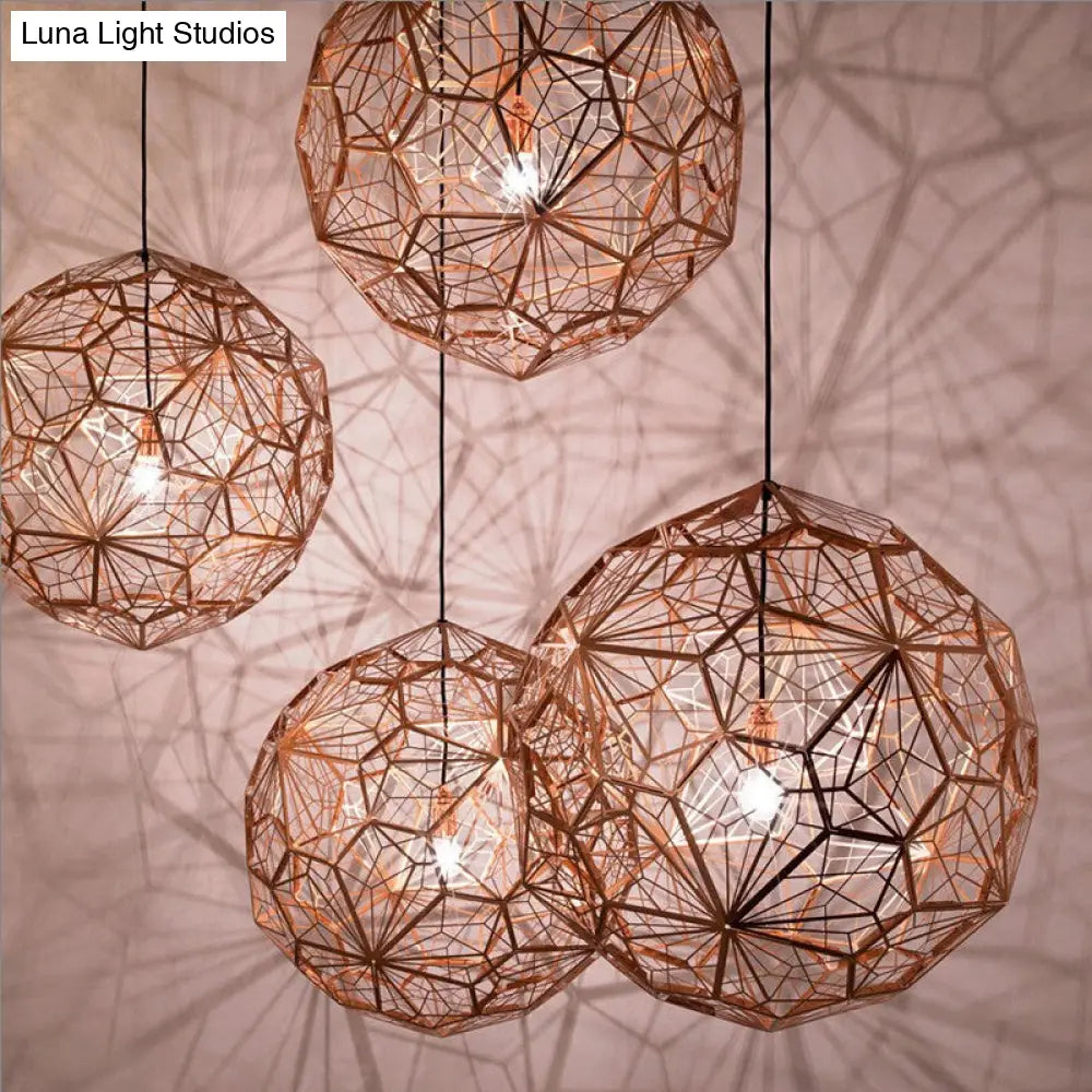 Modern Stainless Steel Rose Gold/Chrome Pendant Lighting: Stylish Hollowed Wire Sphere Design Gold