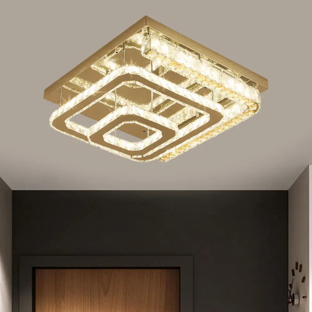 Modern Stainless-Steel Square Ceiling Light With Led Clear Cut Crystal Blocks - Semi-Flush Mount