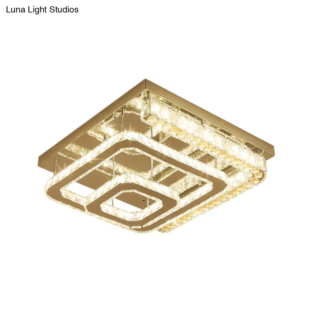 Modern Stainless-Steel Square Ceiling Light With Led Clear Cut Crystal Blocks - Semi-Flush Mount