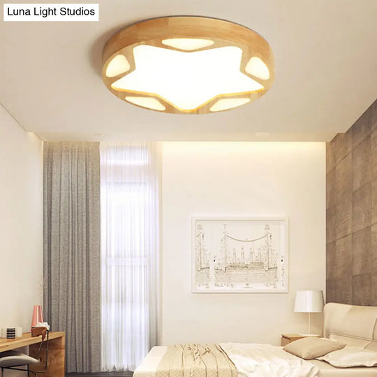 Modern Star Flush Ceiling Light For Kids Bedroom - Led Wood Mount Fixture