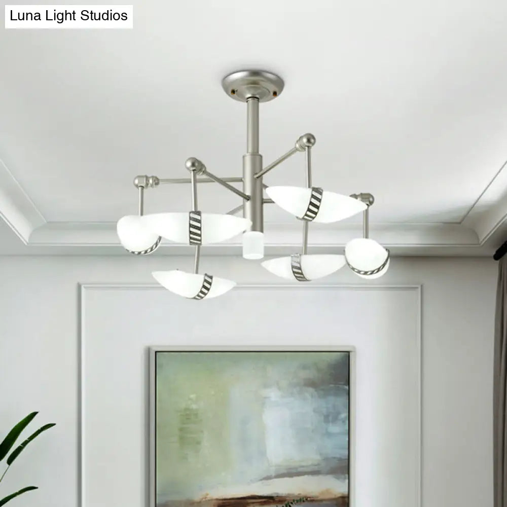 Modern Starburst 6-Light Nickel Bedroom Chandelier With Opal Glass Shade