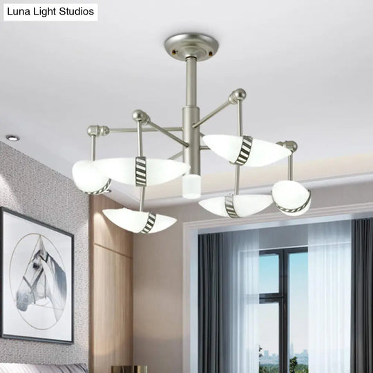 Modern Starburst 6-Light Nickel Bedroom Chandelier With Opal Glass Shade