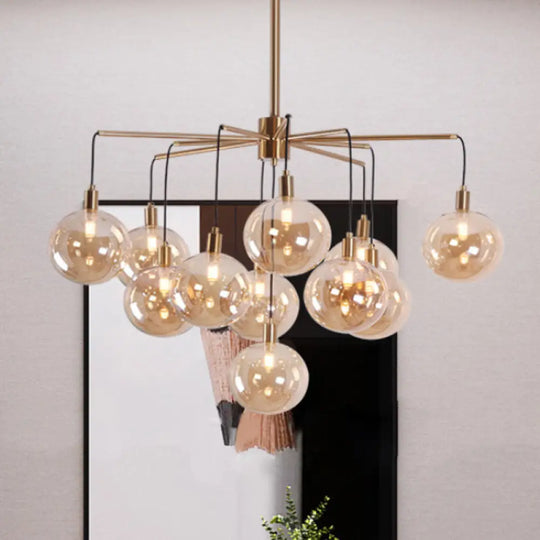 Modern Starburst Chandelier Light With Clear/Amber Glass Globes - 11 Lights For Living Room Amber