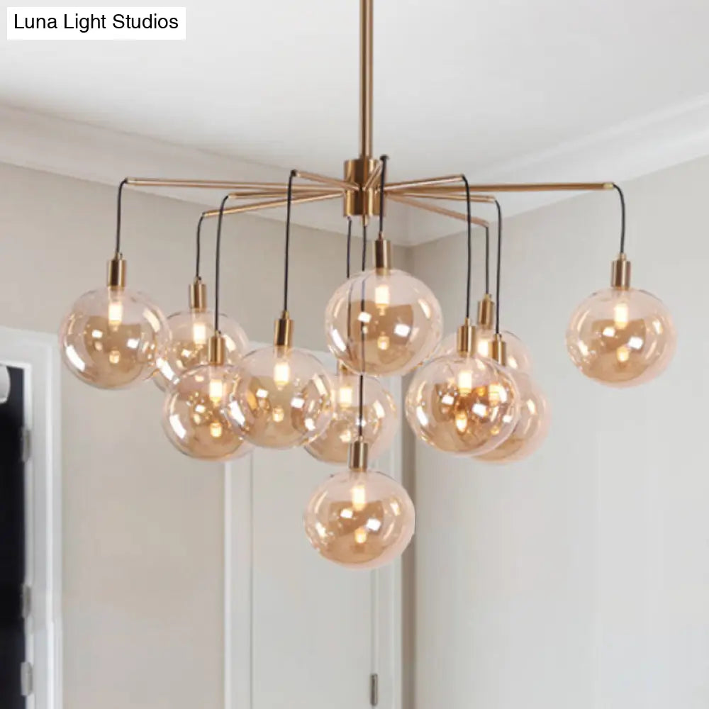 Modern Starburst Chandelier Light With Clear/Amber Glass Globes - 11 Lights For Living Room