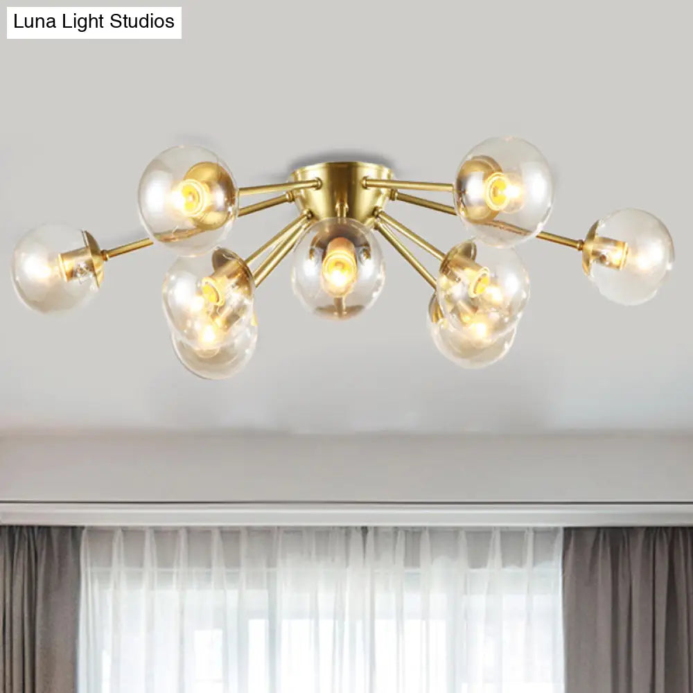 Modern Starburst Semi Flush Brass Light Fixture With Clear Glass