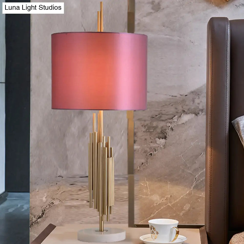 Modern Straight Sided Pink Nightstand Lamp With Fabric Shade & Reading Light