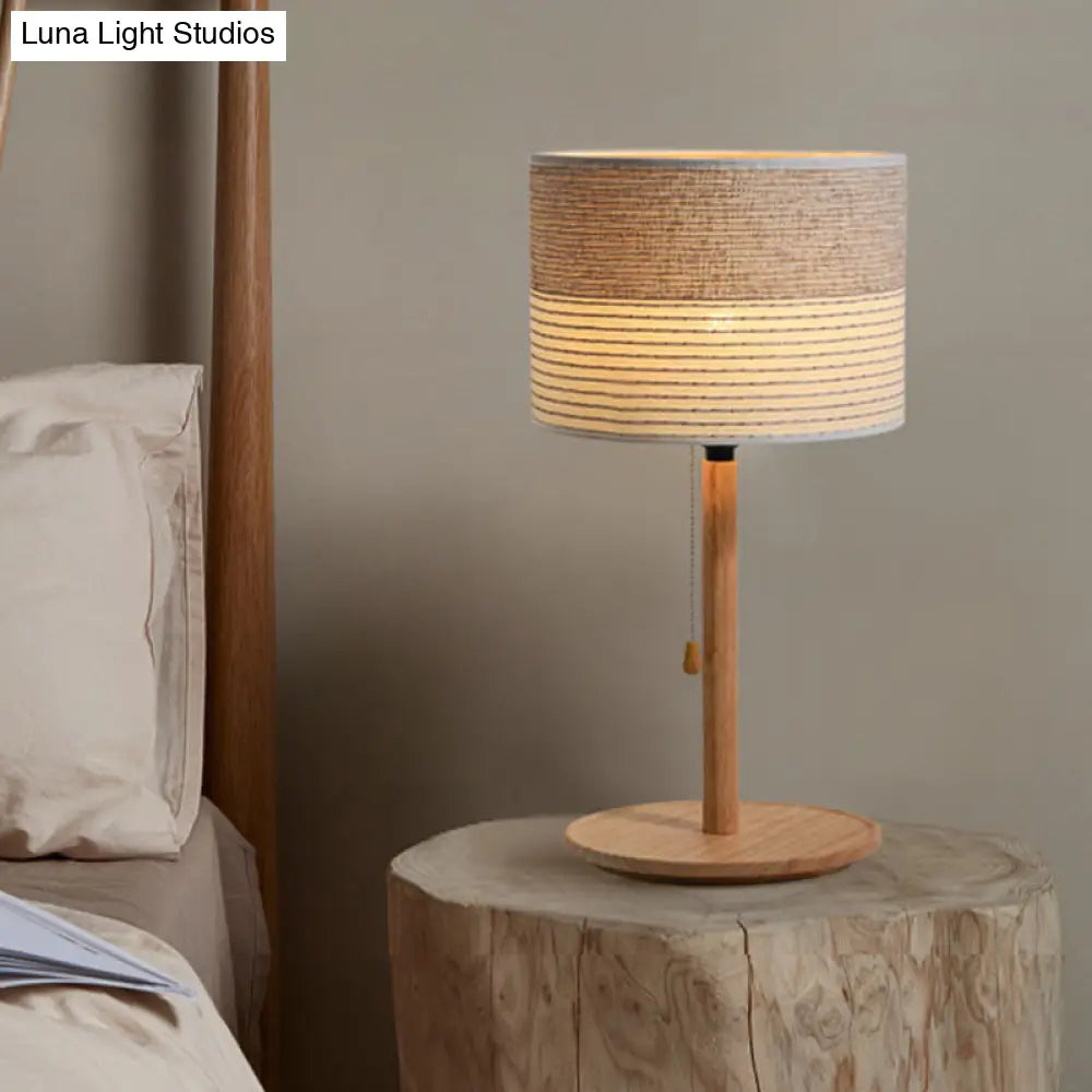 Modern Striped Fabric Barrel Shade Table Lamp With Pull Chain And Wood Stand