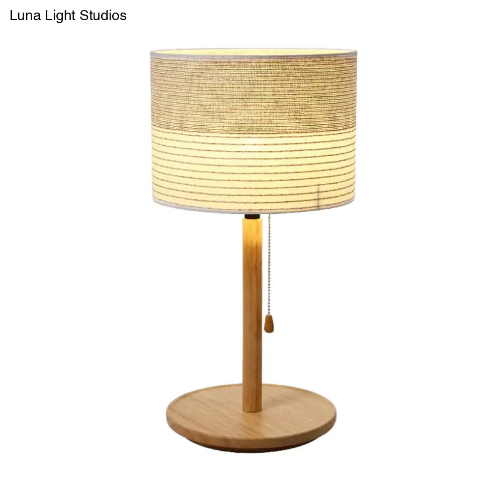 Modern Striped Fabric Barrel Shade Table Lamp With Pull Chain And Wood Stand