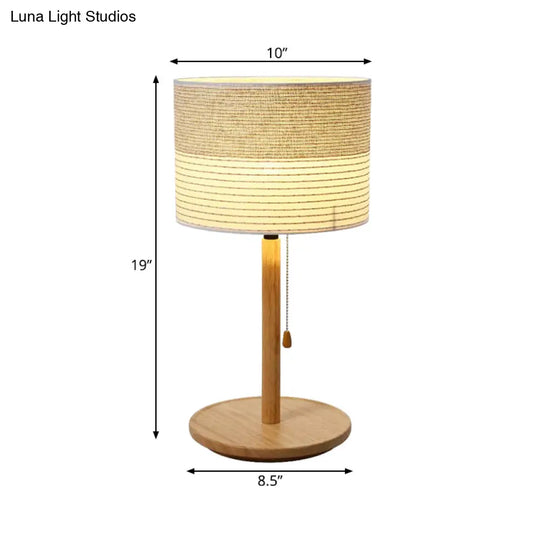 Modern Striped Fabric Barrel Shade Table Lamp With Pull Chain And Wood Stand