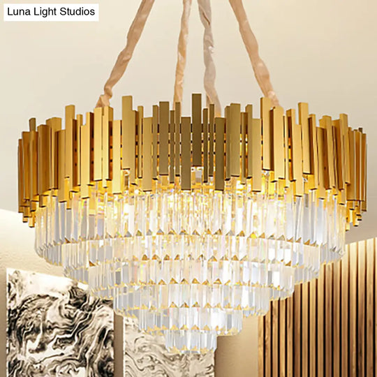 Modern Brass Hanging Light Fixture: Layered Multi-Light Chandelier With Crystal Block / 16