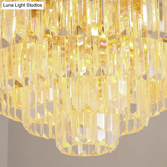 Modern Brass Hanging Light Fixture: Layered Multi-Light Chandelier With Crystal Block