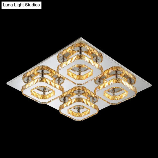 Modern Style Chrome Flush Ceiling Light With Faceted Crystal - Block Flushmount Lighting