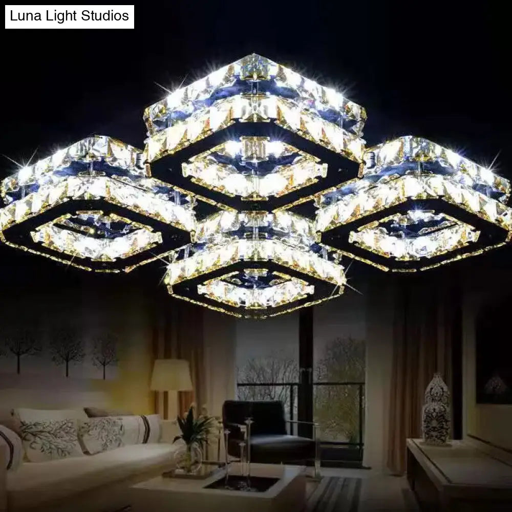 Modern Style Chrome Flush Ceiling Light With Faceted Crystal - Block Flushmount Lighting