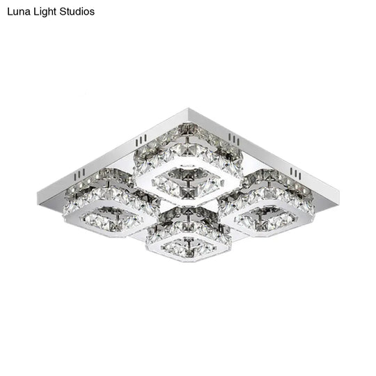 Modern Style Chrome Flush Ceiling Light With Faceted Crystal - Block Flushmount Lighting