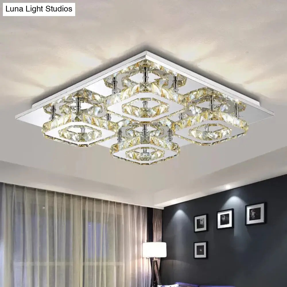 Modern Style Chrome Flush Ceiling Light With Faceted Crystal - Block Flushmount Lighting 4 / Amber