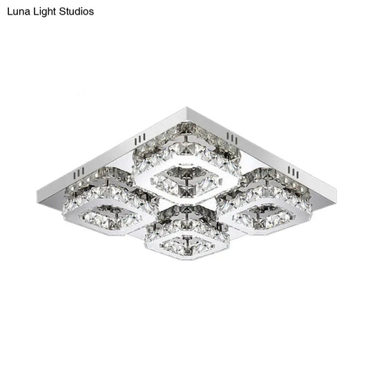 Modern Style Chrome Flush Ceiling Light With Faceted Crystal - Block Flushmount Lighting