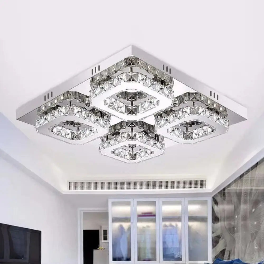 Modern Style Chrome Flush Ceiling Light With Faceted Crystal - Block Flushmount Lighting 4 / Clear