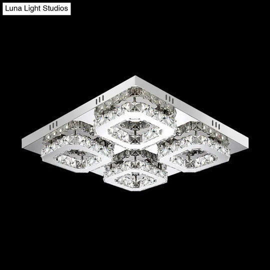 Modern Style Chrome Flush Ceiling Light With Faceted Crystal - Block Flushmount Lighting