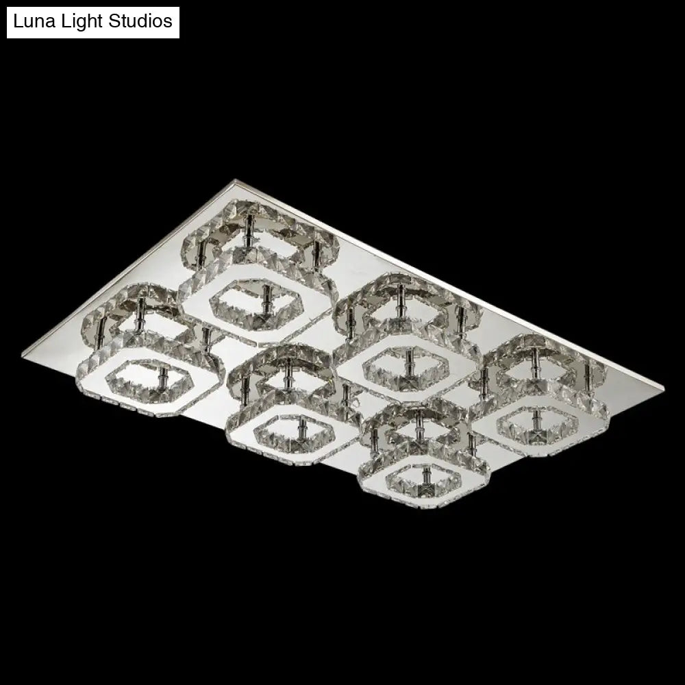 Modern Style Chrome Flush Ceiling Light With Faceted Crystal - Block Flushmount Lighting