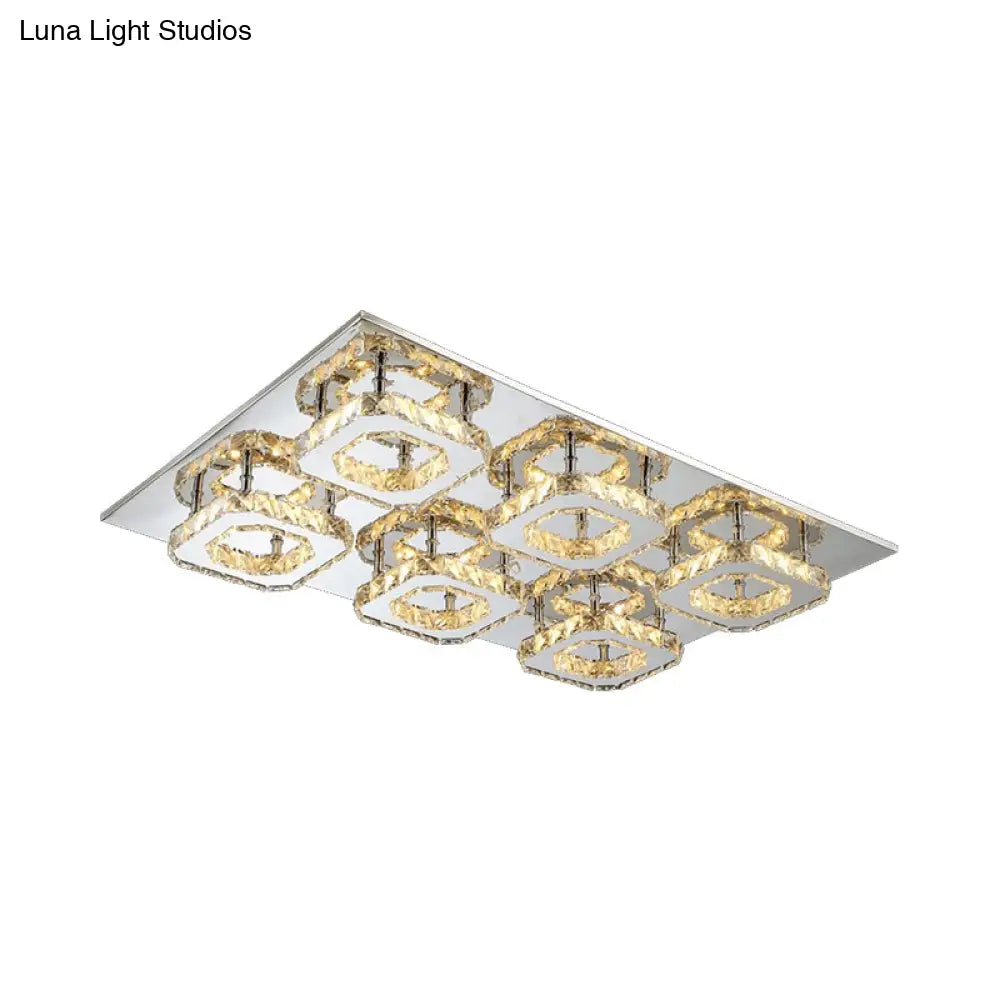 Modern Style Chrome Flush Ceiling Light With Faceted Crystal - Block Flushmount Lighting