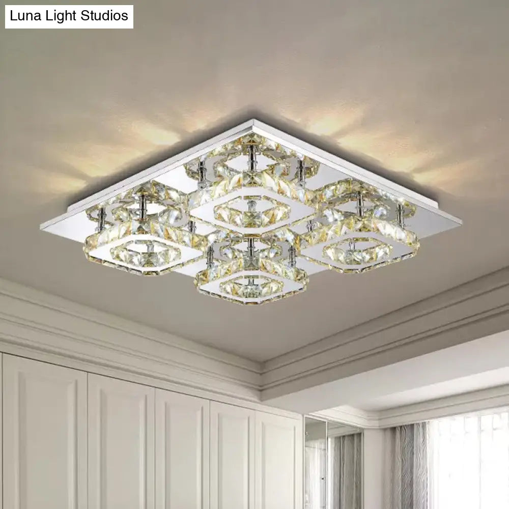 Modern Style Chrome Flush Ceiling Light With Faceted Crystal - Block Flushmount Lighting