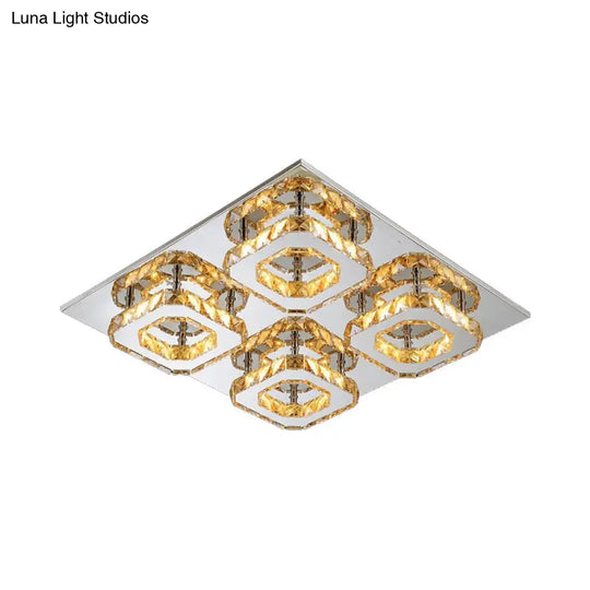 Modern Style Chrome Flush Ceiling Light With Faceted Crystal - Block Flushmount Lighting