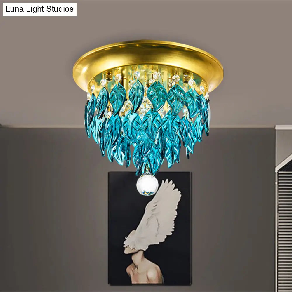 Modern Style Clear And Blue Crystal Flush Mount Lamp - Gold Ceiling Light With 4 Bulbs For Sleeping