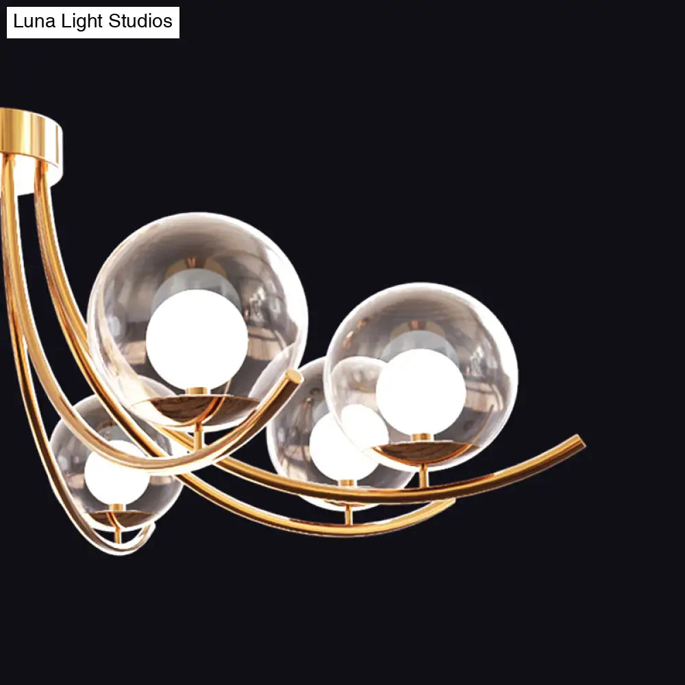 Modern Style Clear Glass Ball Chandelier - Golden Hanging Lamp With Curved Arm (6/8/10 Heads)