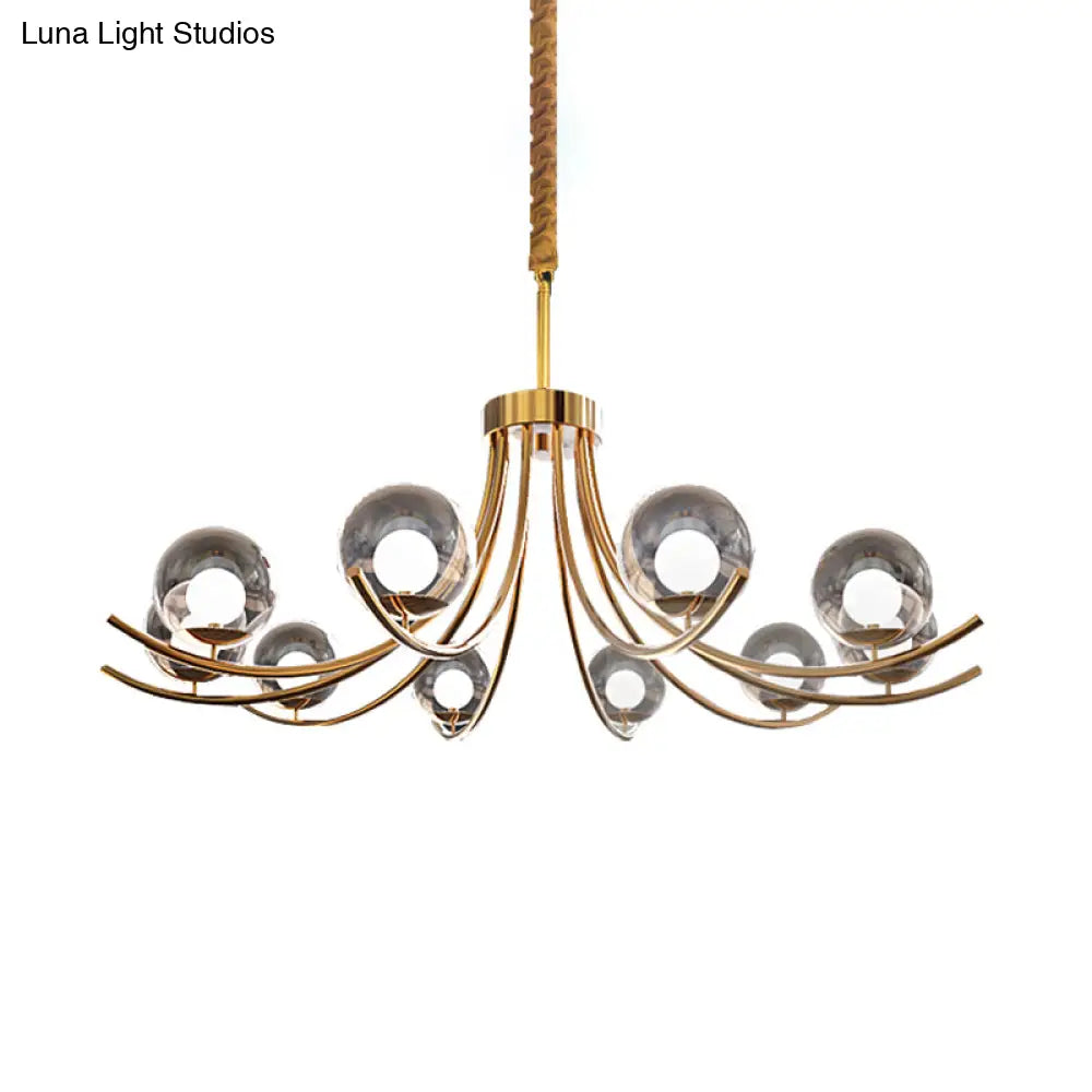 Modern Style Clear Glass Ball Chandelier - Golden Hanging Lamp With Curved Arm (6/8/10 Heads)