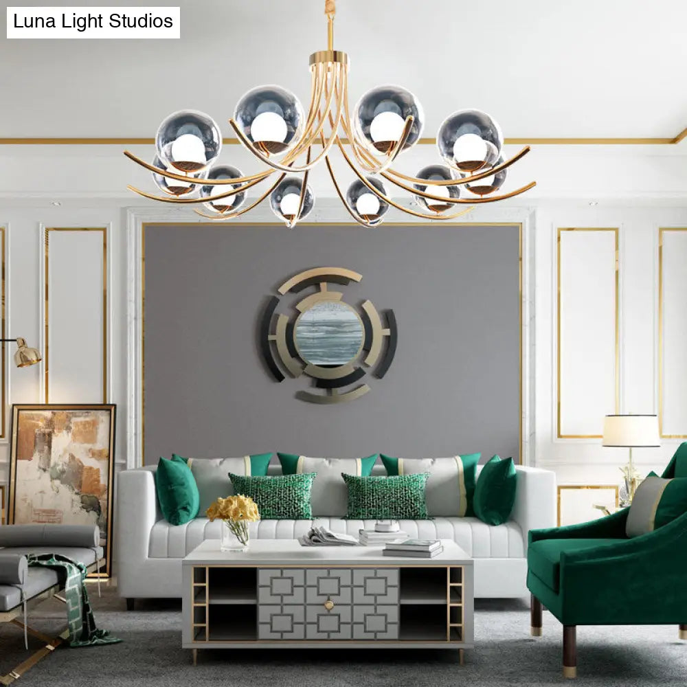 Modern Clear Glass Ball Chandelier With Curved Arm - 6/8/10 Heads Golden Hanging Lamp