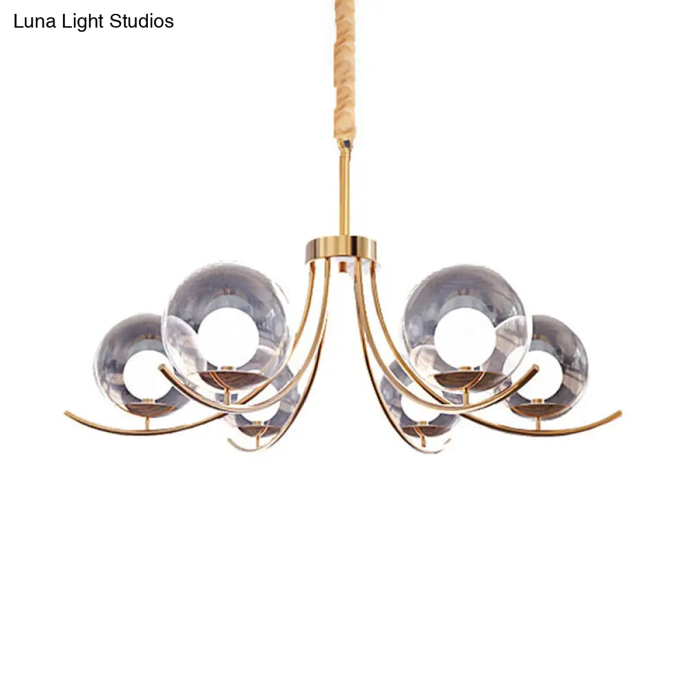 Modern Clear Glass Ball Chandelier With Curved Arm - 6/8/10 Heads Golden Hanging Lamp