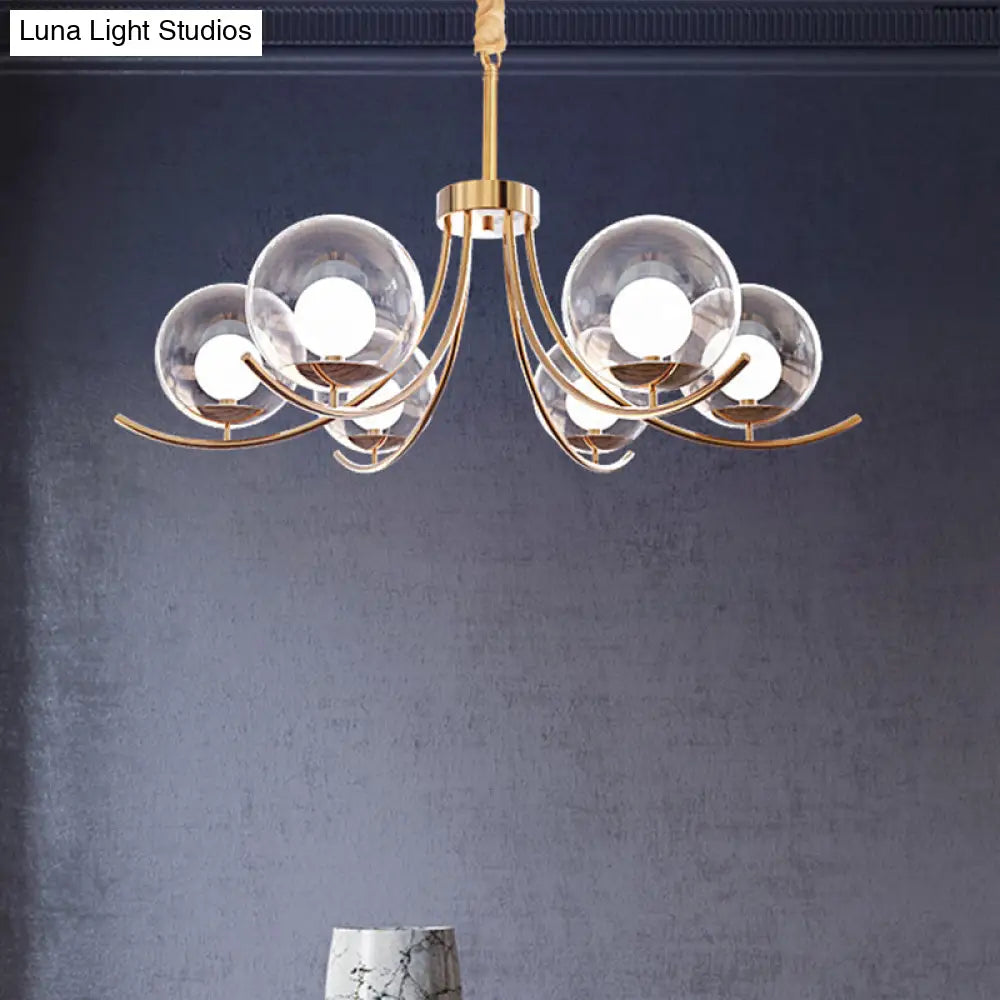 Modern Clear Glass Ball Chandelier With Curved Arm - 6/8/10 Heads Golden Hanging Lamp 6 / Gold