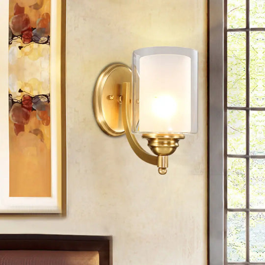 Modern Style Double Glass Indoor Wall Sconce Lighting - Cylindrical Brass Finish Lamp For Bedroom 1