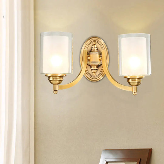 Modern Style Double Glass Indoor Wall Sconce Lighting - Cylindrical Brass Finish Lamp For Bedroom 2