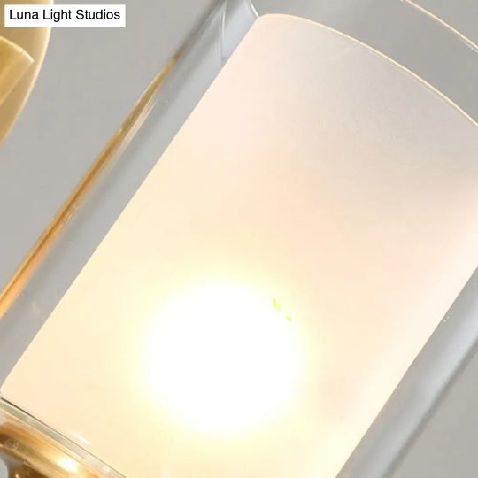 Modern Style Double Glass Indoor Wall Sconce Lighting - Cylindrical Brass Finish Lamp For Bedroom