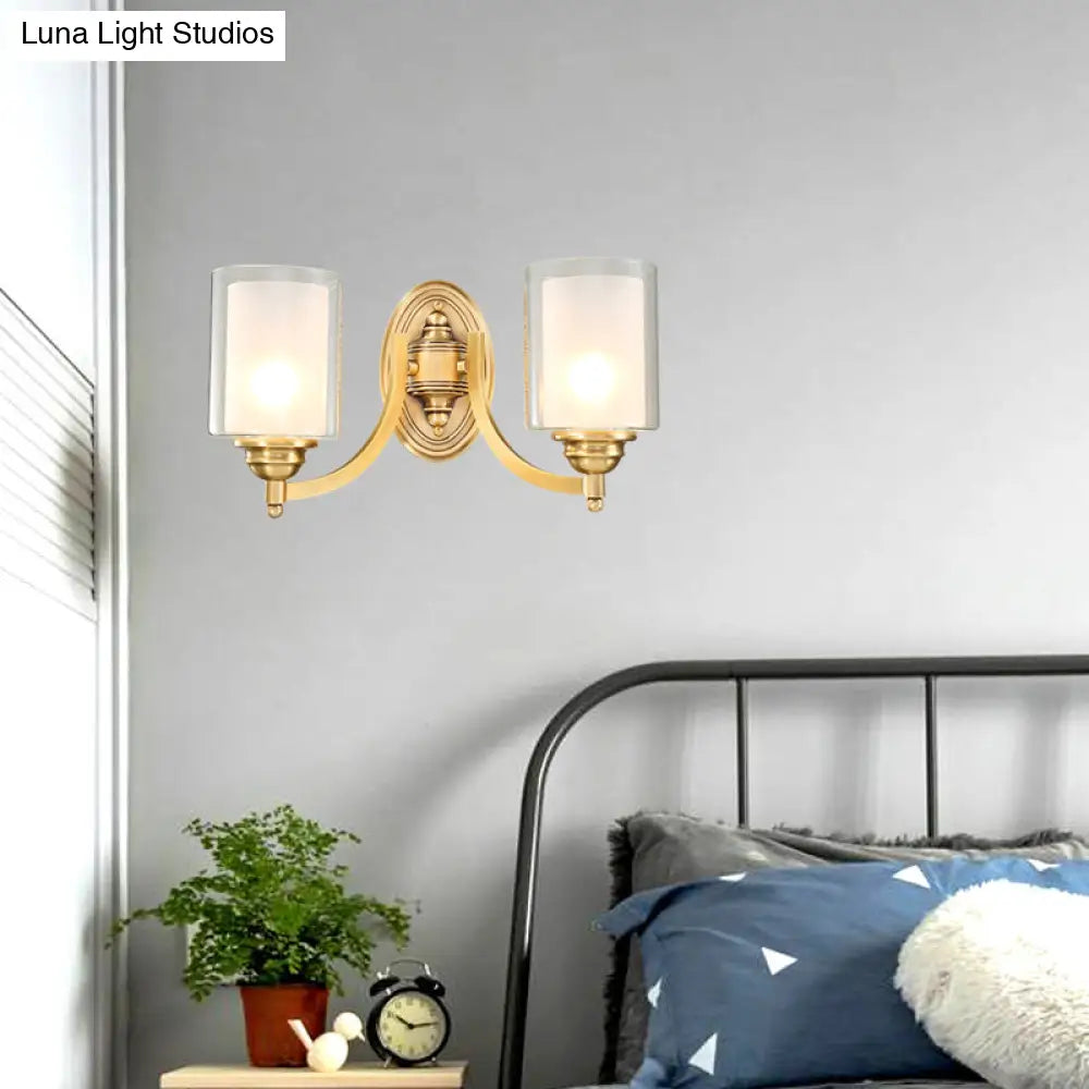 Modern Style Double Glass Indoor Wall Sconce Lighting - Cylindrical Brass Finish Lamp For Bedroom