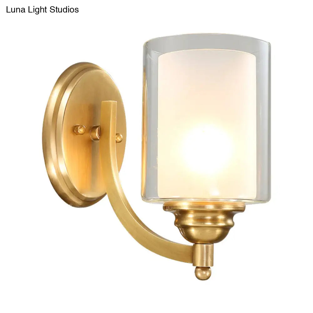 Modern Style Double Glass Indoor Wall Sconce Lighting - Cylindrical Brass Finish Lamp For Bedroom