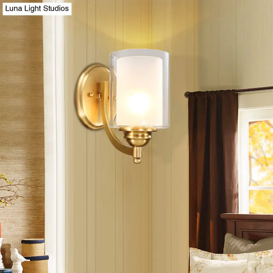 Modern Style Double Glass Indoor Wall Sconce Lighting - Cylindrical Brass Finish Lamp For Bedroom