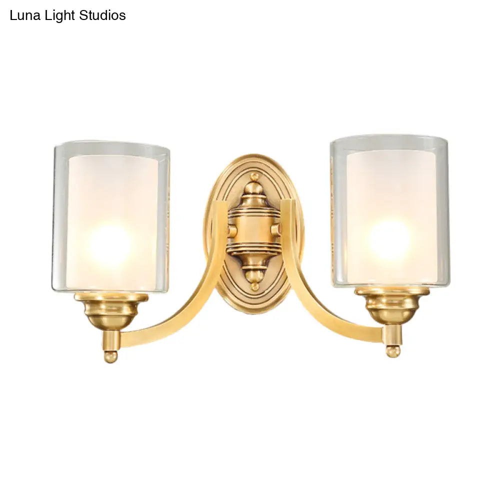 Modern Style Double Glass Indoor Wall Sconce Lighting - Cylindrical Brass Finish Lamp For Bedroom