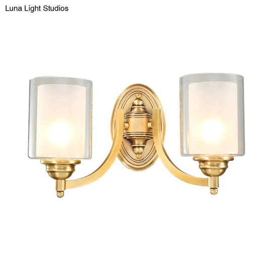 Modern Style Double Glass Indoor Wall Sconce Lighting - Cylindrical Brass Finish Lamp For Bedroom