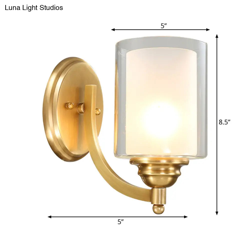 Modern Style Double Glass Indoor Wall Sconce Lighting - Cylindrical Brass Finish Lamp For Bedroom