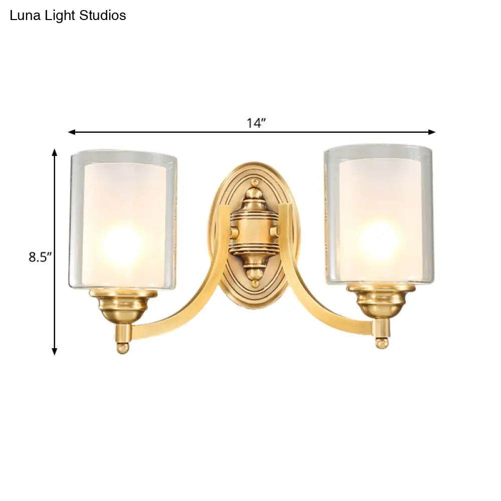 Modern Style Double Glass Indoor Wall Sconce Lighting - Cylindrical Brass Finish Lamp For Bedroom